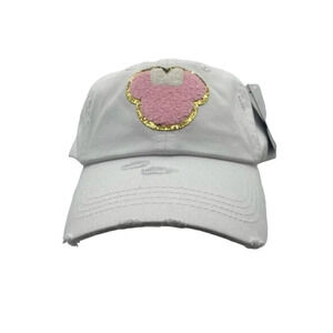 NWT White Cotton Ball Cap Dad Hat Ponytail Hat Magic Mouse Chenille Patch Pink